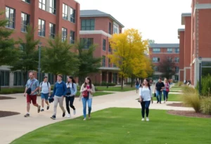 A diverse group of students at a Huntsville university campus during Fall semester.