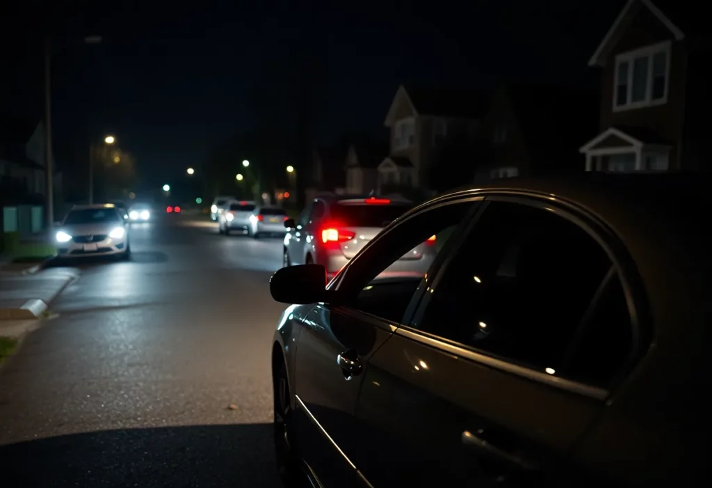 A parked car on a dark street, representing vehicle break-ins in Huntsville.
