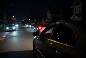 A parked car on a dark street, representing vehicle break-ins in Huntsville.