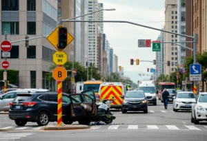 Scene of a vehicle crash at the Fuel City intersection in Huntsville, with emergency responders present.