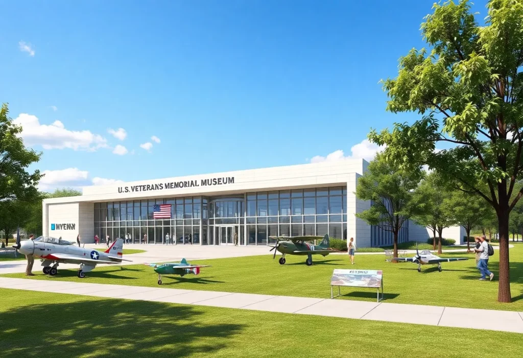 Rendering of the expanded U.S. Veterans Memorial Museum with artifacts displayed outside.