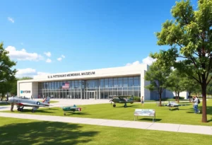 Rendering of the expanded U.S. Veterans Memorial Museum with artifacts displayed outside.