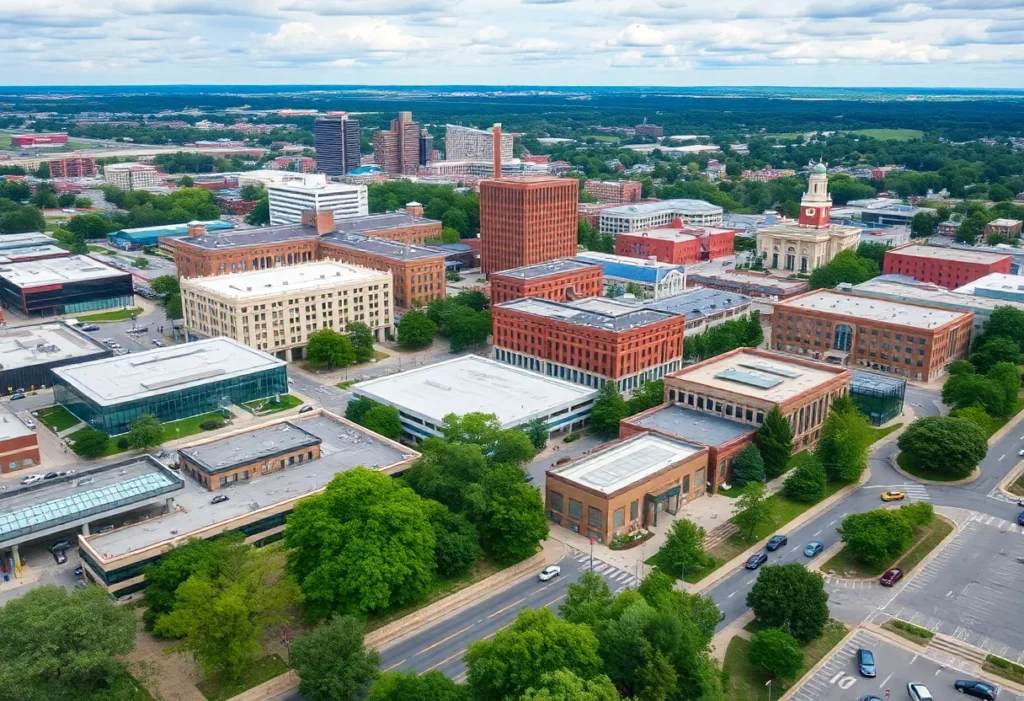 Cityscape of Huntsville, Alabama highlighting modern infrastructure and educational buildings.