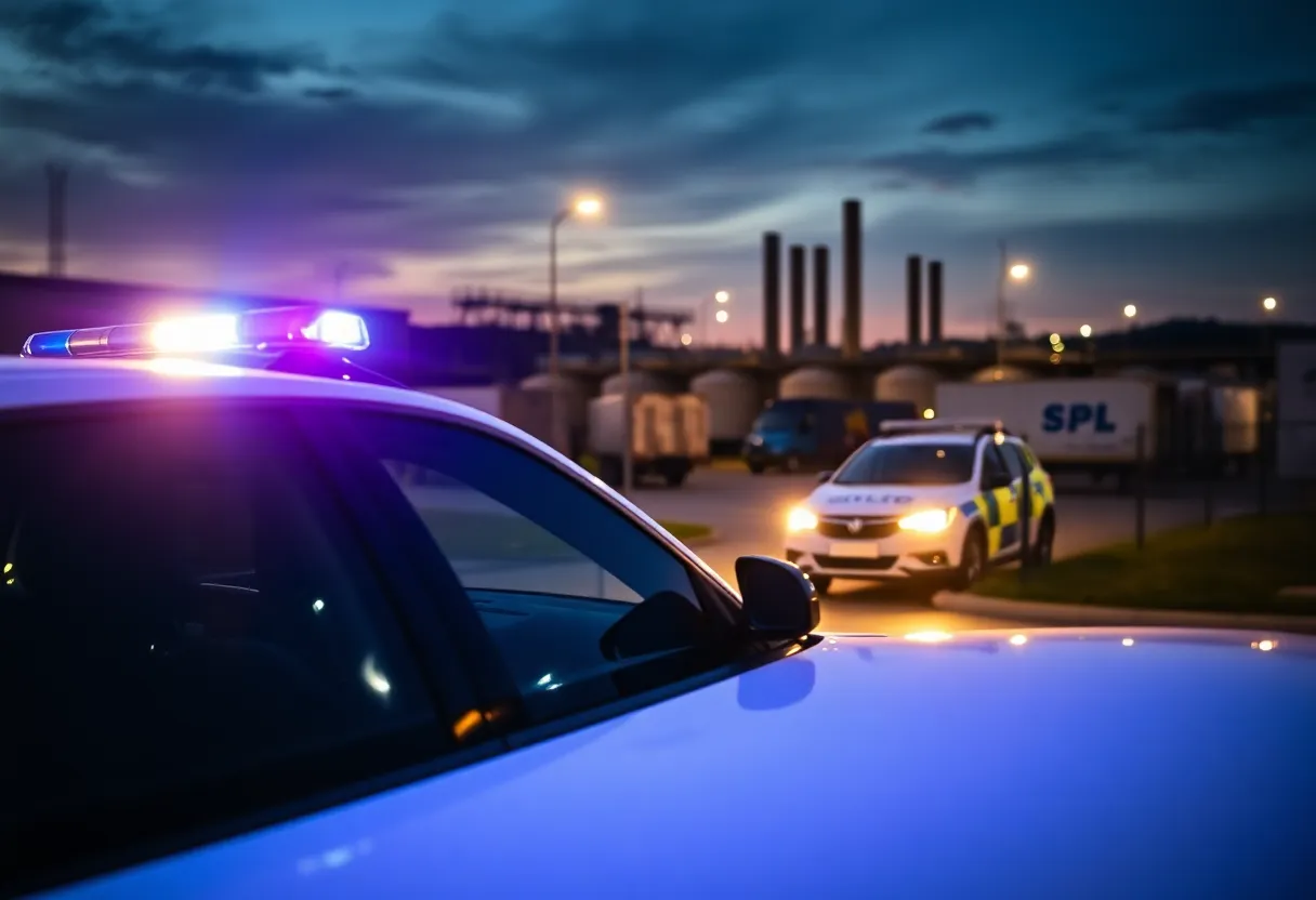 Police car with lights flashing in a Huntsville industrial area at twilight.