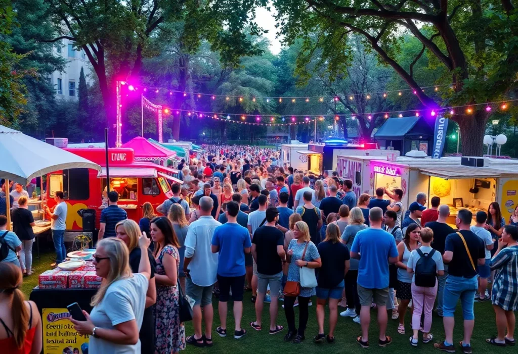 Scene of a vibrant festival in Huntsville, Alabama with families and friends enjoying various activities and live music.