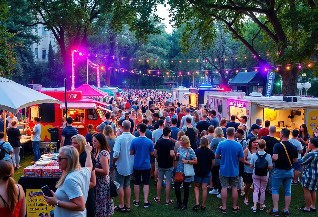 Scene of a vibrant festival in Huntsville, Alabama with families and friends enjoying various activities and live music.