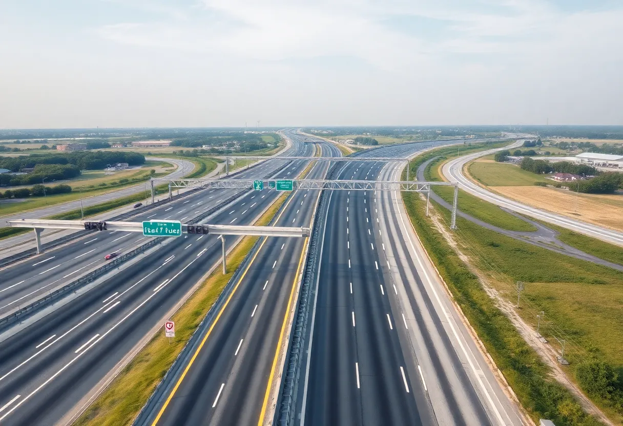 Aerial view of I-75 under construction with lane enhancements.
