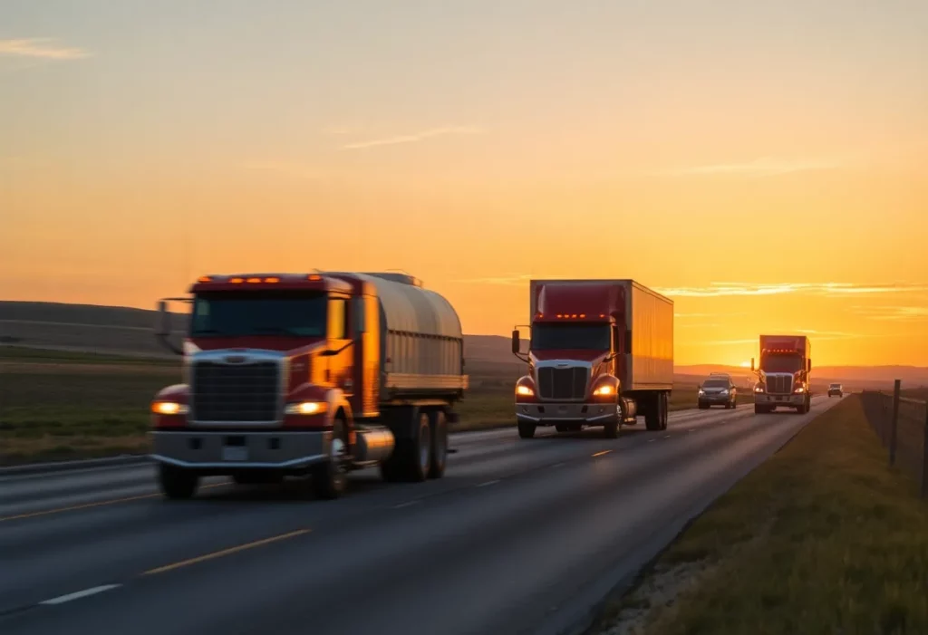 Rural Idaho road with potato trucks during sunset