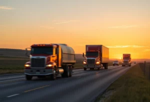 Rural Idaho road with potato trucks during sunset