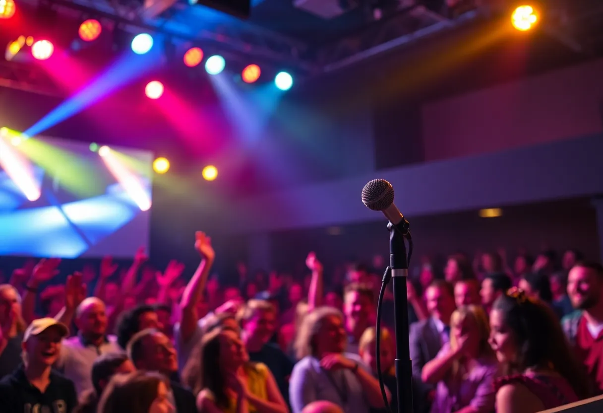 Comedian John Mulaney performing on stage in front of a lively audience.