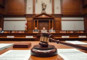 Courtroom scene implying a lawsuit about free speech rights