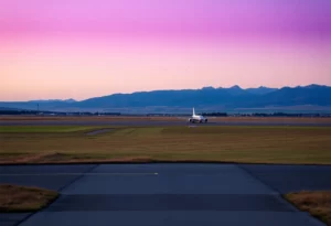 Scene of Lincoln Airport with airplane in the sky