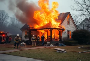 Firefighters responding to a house fire in Madison County, Ohio.