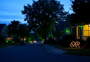 Neighborhood displaying green lights in support of veterans