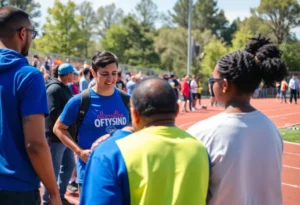 Athletes and volunteers at Madison County Special Olympics track and field event