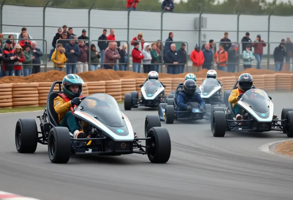 Electric-powered vehicles competing at the Mazda Toyota Manufacturing Trash Dash