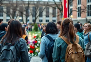 Students gathering at a memorial on campus for Charlie Kirk