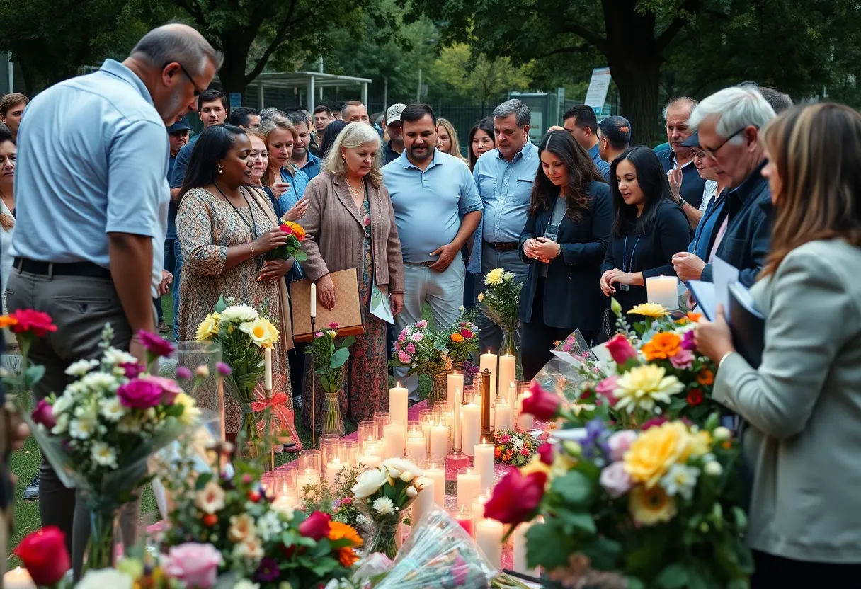 Vibrant memorial scene with candles and flowers celebrating the life of a political figure.