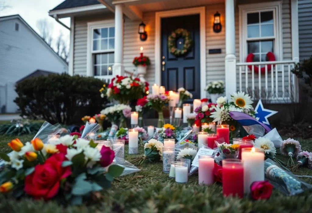 Memorial with flowers and candles for a murder victim in Huntsville