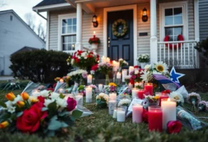 Memorial with flowers and candles for a murder victim in Huntsville