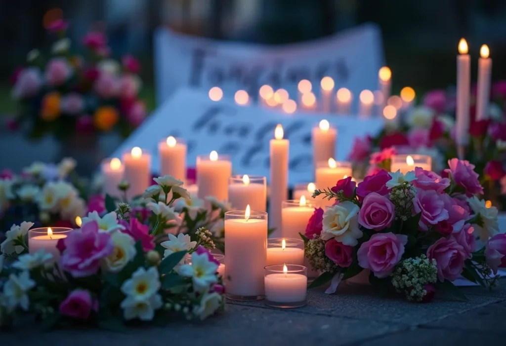 Candles and flowers at a memorial service symbolizing forgiveness and healing.