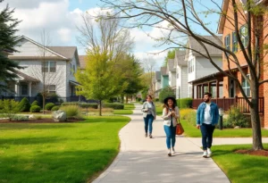 Scenic view of Memorial Village showing young residents enjoying the park.