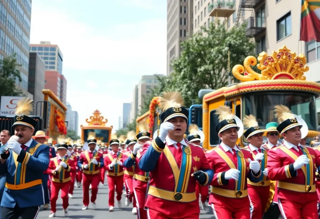 Million Dollar Band in colorful uniforms performing at a parade