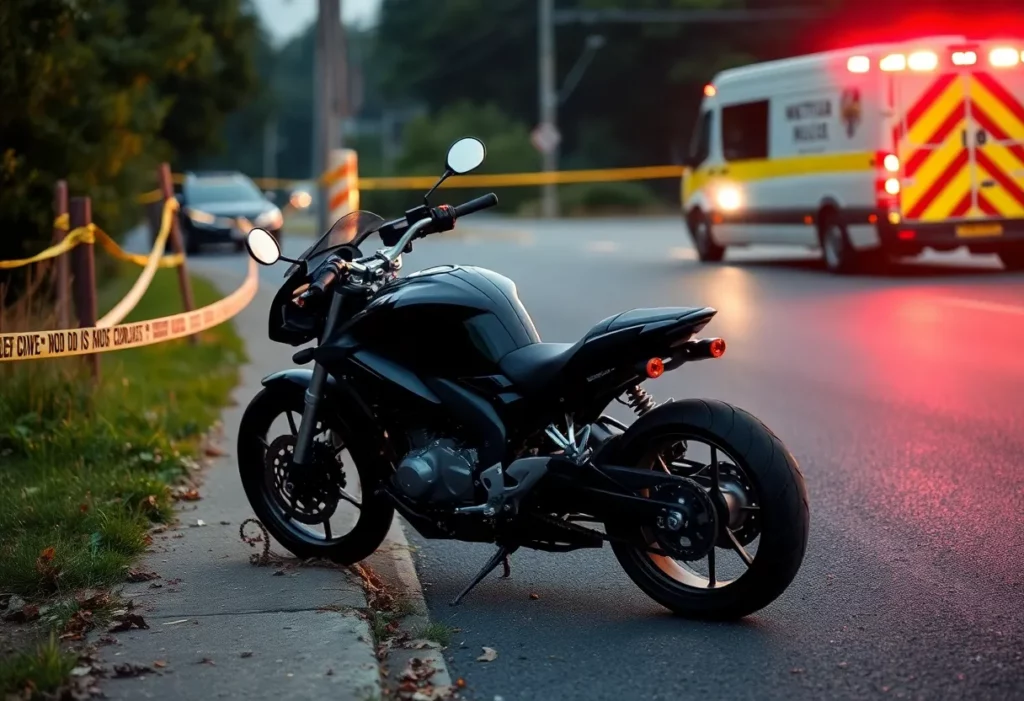 Scene of a motorcycle accident with emergency vehicles present