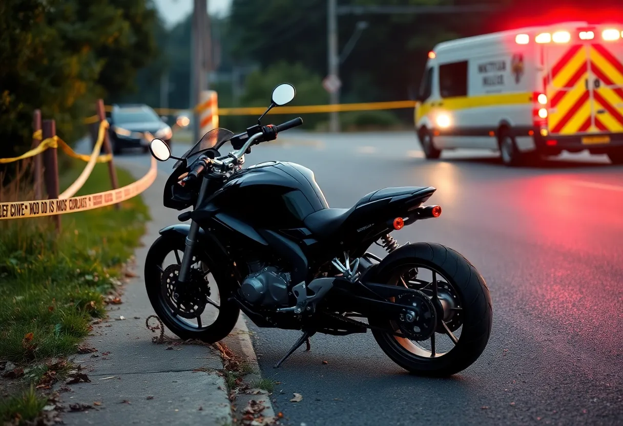 Scene of a motorcycle accident with emergency vehicles present
