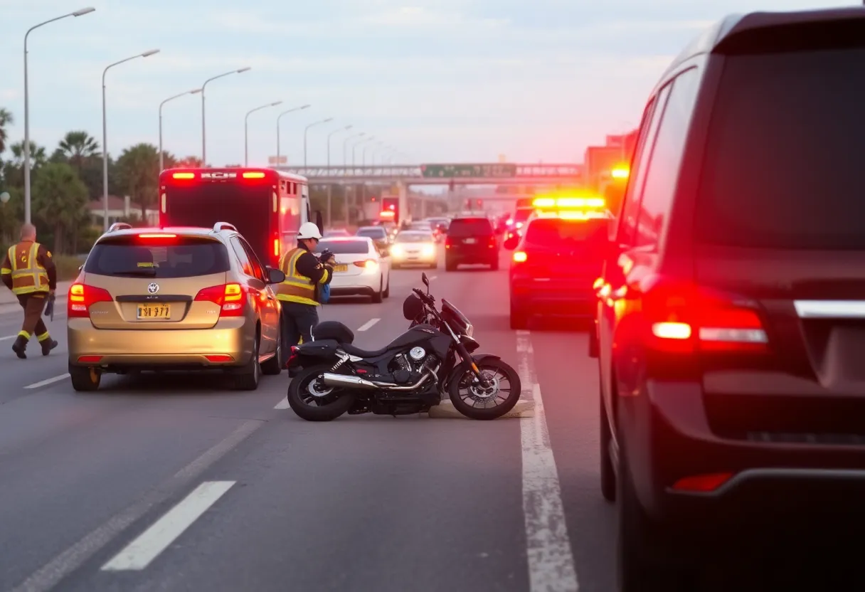 Scene of a motorcycle crash with emergency responders attending