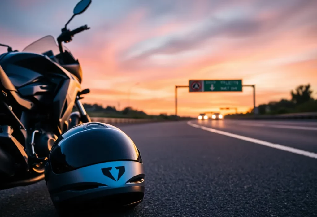 Motorbike safety items on an empty highway