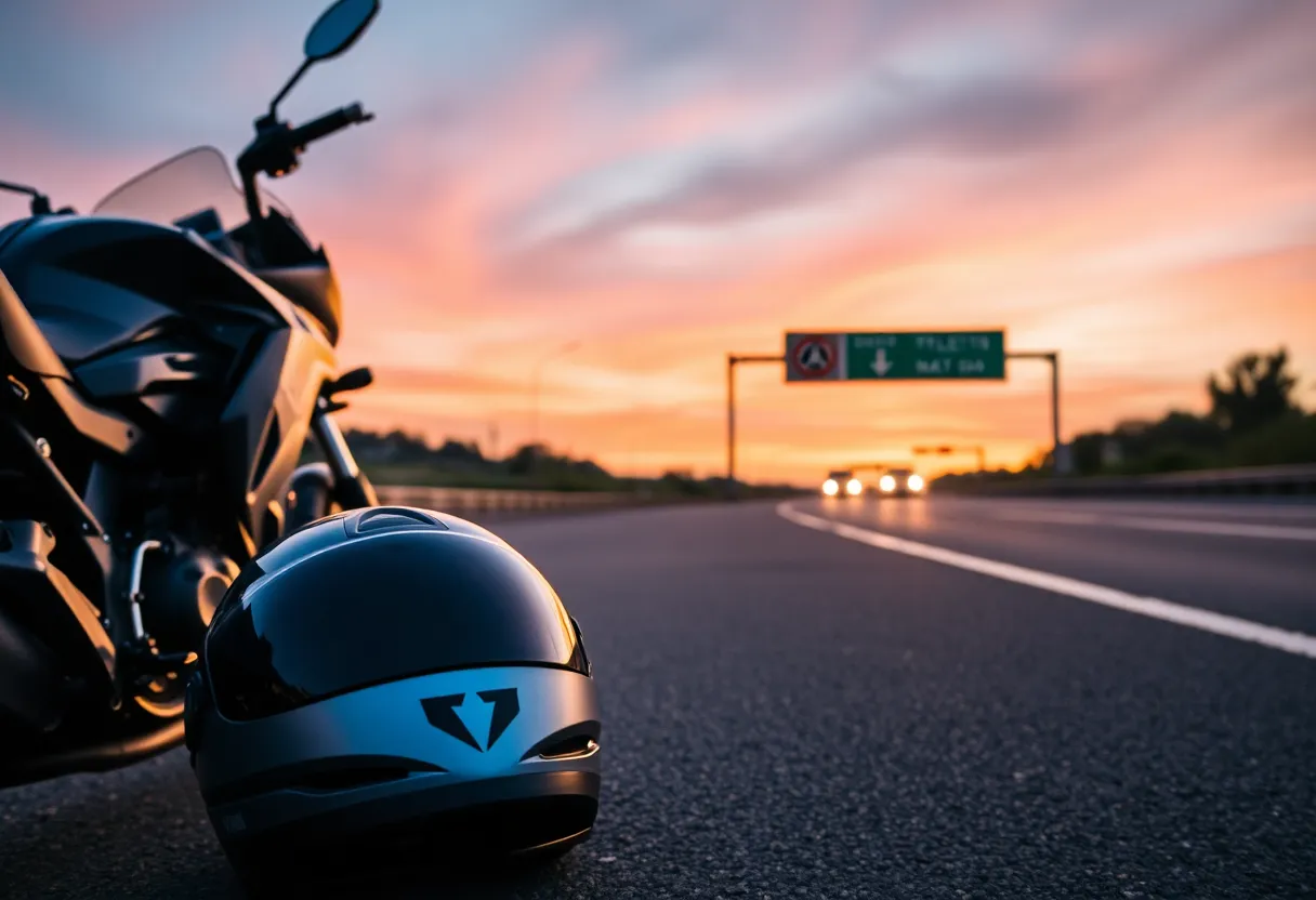 Motorbike safety items on an empty highway