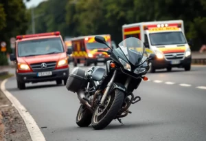 Scene of a serious motorcycle collision with police and emergency responders.