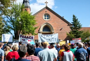 Community members gather expressing concern after vandalism at Movement Church.