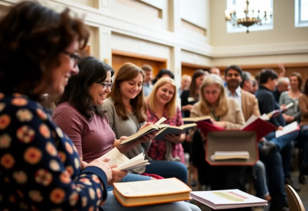 Community celebration at the Muskoka Novel Marathon with writers engaging in literary activities.