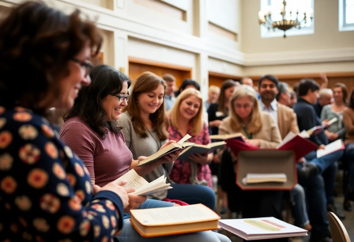 Community celebration at the Muskoka Novel Marathon with writers engaging in literary activities.