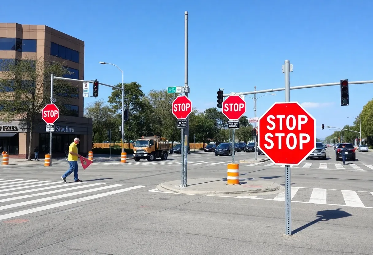 Crews installing four-way stop signs at a Madison County intersection.