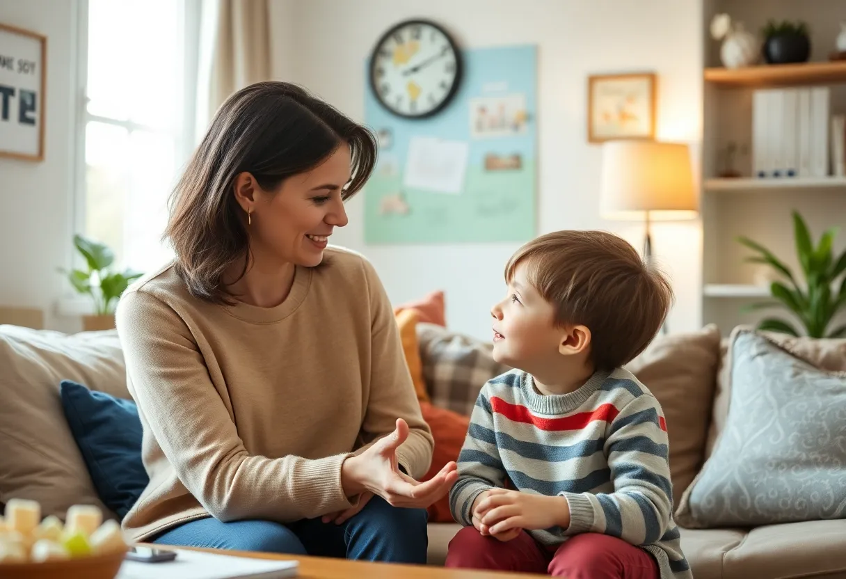A parent and child engaged in a serious discussion about safety at school.