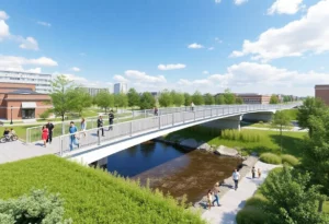 Rendering of the Pinhook Creek-Skybridge project featuring a pedestrian bridge and surrounding greenways.