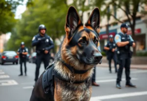 A police K-9 working with law enforcement in an urban area