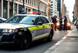 Police car and officers in the city