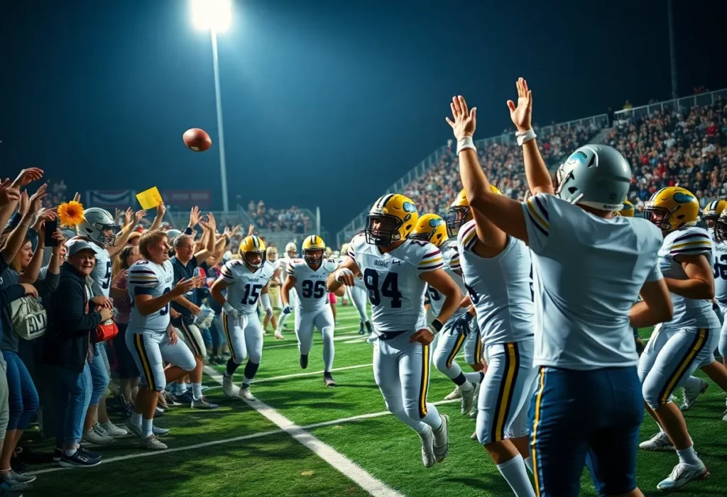 Port Neches-Groves football players celebrating their victory against Huntsville.