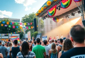 Celebration at Rocket City PrideFest with colorful decorations and performers.