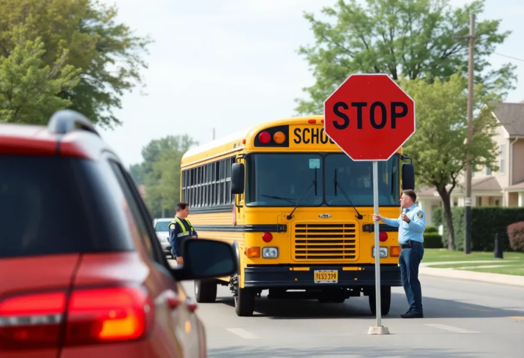 A school bus with a stop sign in a neighborhood with traffic safety officers