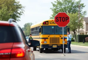 A school bus with a stop sign in a neighborhood with traffic safety officers