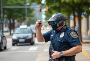 Police officer conducting a search in Huntsville for an escaped inmate.