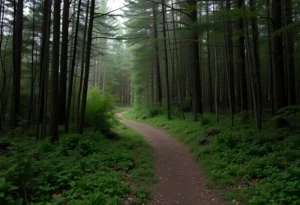 Wooded area in Huntsville where search efforts are ongoing.