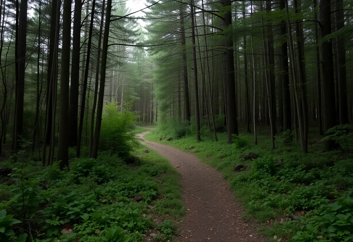 Wooded area in Huntsville where search efforts are ongoing.