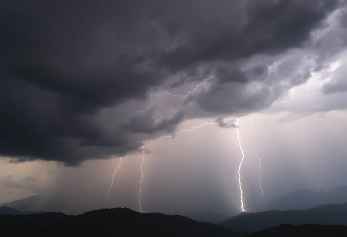Dark storm clouds with lightning over Northern Blue Mountains during a thunderstorm