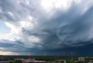 Dramatic sky over Huntsville Alabama with dark clouds and cityscape